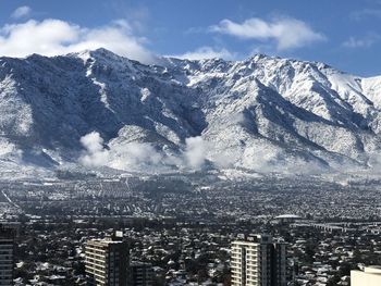 Aerial view of snowcapped mountain against sky