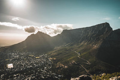 Scenic view of mountains against cloudy sky