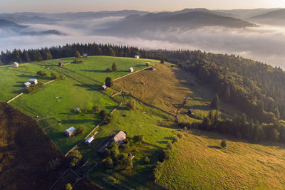 High angle view of agricultural field against sky