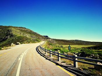 Road passing through landscape against clear blue sky