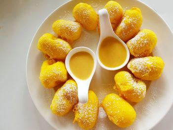 High angle view of sweet food served in plate on table