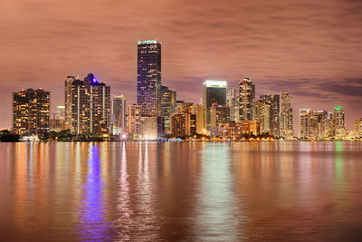 Illuminated buildings by river against sky in city at night
