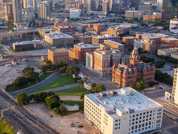 Aerial view of the texas school book depository and the dallas county courthouse.