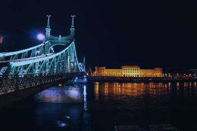 Illuminated bridge over river at night