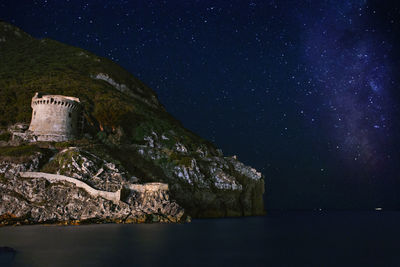 Scenic view of lake against sky at night