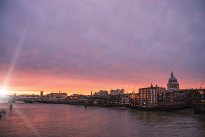 The iconic dome of st pauls cathedral on the london skyline at sunset