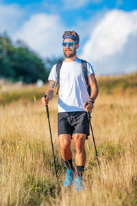 A man during a nature hike in the hills