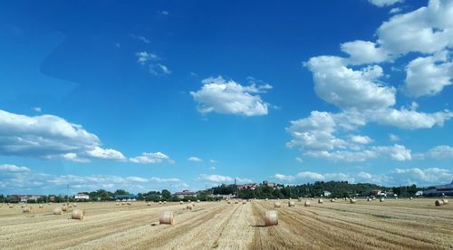 Hay bales on field against blue sky