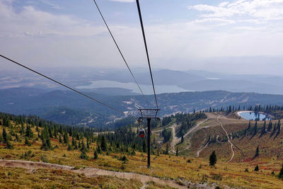 Overhead cable car over landscape against sky