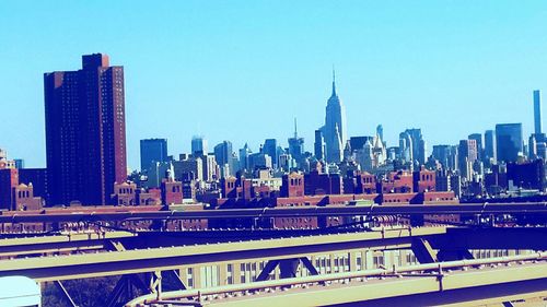 Urban skyline against clear sky