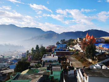 High angle view of town against sky