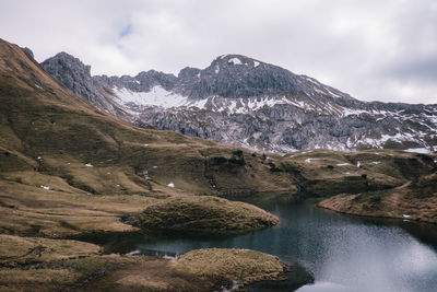 Scenic view of lake and snowcapped mountains against sky