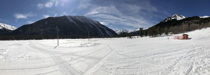 Panoramic view of snowcapped mountains against sky