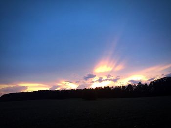 Silhouette trees on field against sky at sunset