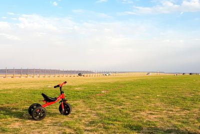 Man riding bicycle on field by sea against sky