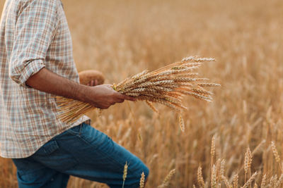 Midsection of man holding crops at field
