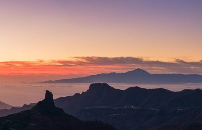 Scenic view of silhouette mountains against sky during sunset