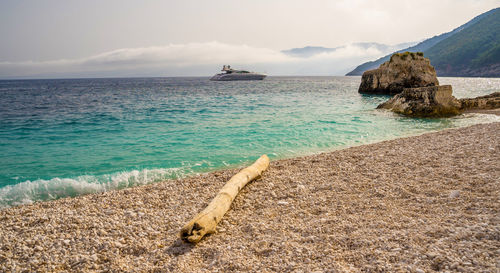 Greece, kefalonia, 15 august 2021, yacht in the ionian sea near the coast of kefalonia