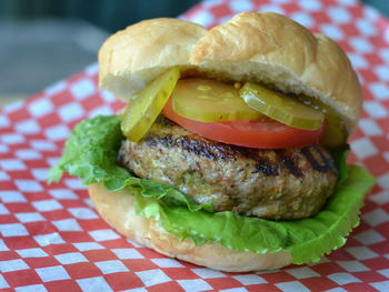 Close-up of burger on table