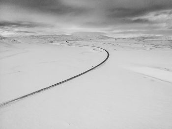 Snow covered land against sky