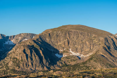 Low angle landscape of trees and mountain top at rocky mountain national park in colorado