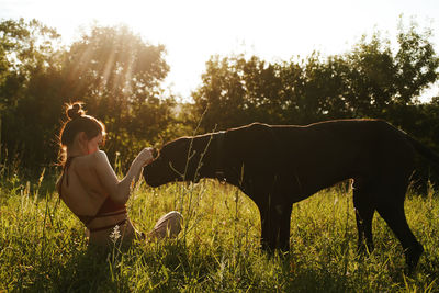 Side view of young woman with horse on field