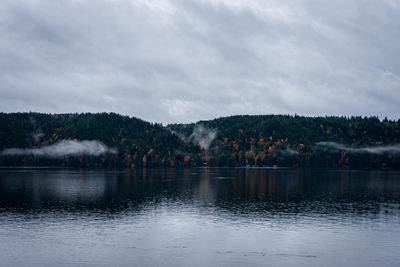 Scenic view of lake by trees against sky