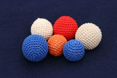 High angle view of multi colored balls on table