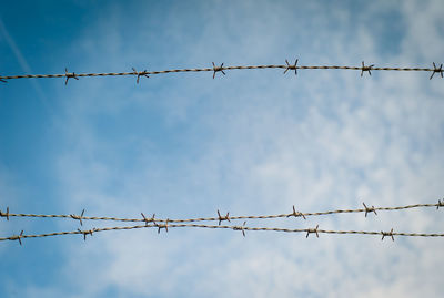 Low angle view of barbed wires against blue sky