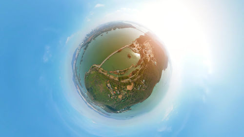 Panoramic spherical view overlooking the lake and buildings