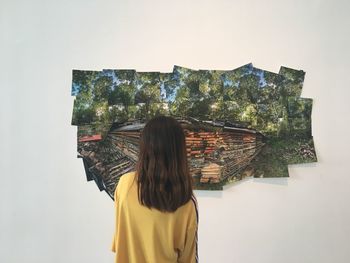 Rear view of woman looking at photographs on wall