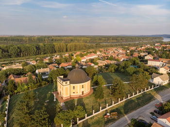 High angle view of buildings against sky