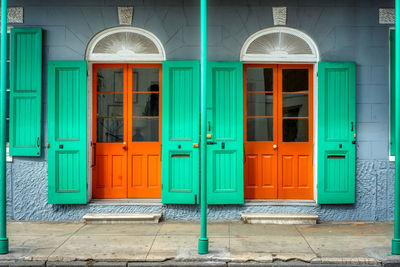 Blue closed door of building