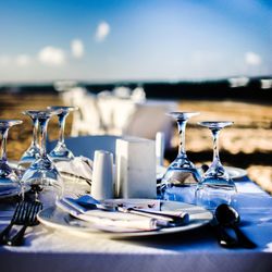 Drinking glasses on table in restaurant