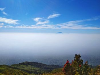 Scenic view of sea and mountains against sky