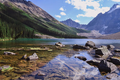 Scenic view of lake and mountains against sky