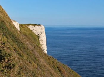 Scenic view of sea against clear blue sky