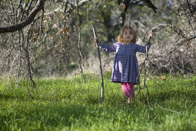 Cute girl holding sticks on grassy field