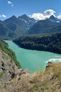 Scenic view of lake by mountains against sky