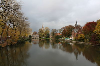 Scenic view of lake against sky in city