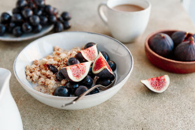 High angle view of breakfast served on table