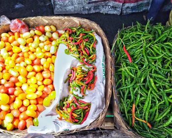 High angle view of vegetables for sale at market stall