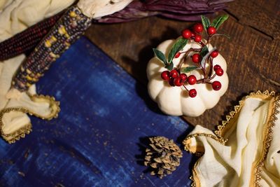 High angle view of christmas decoration on table