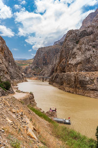 Scenic view of land and mountains against sky