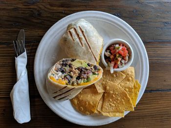 High angle view of breakfast on table