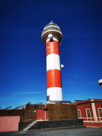 Low angle view of lighthouse against buildings against blue sky