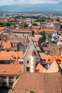High angle view of houses in town