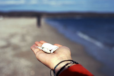 A woman  shows shells