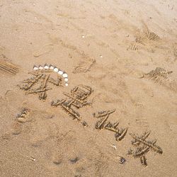 High angle view of footprints on beach