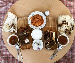 High angle view of food served on table